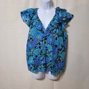 Ramy Brook Blue Floral V-Neck Ruffle Sleeveless Small